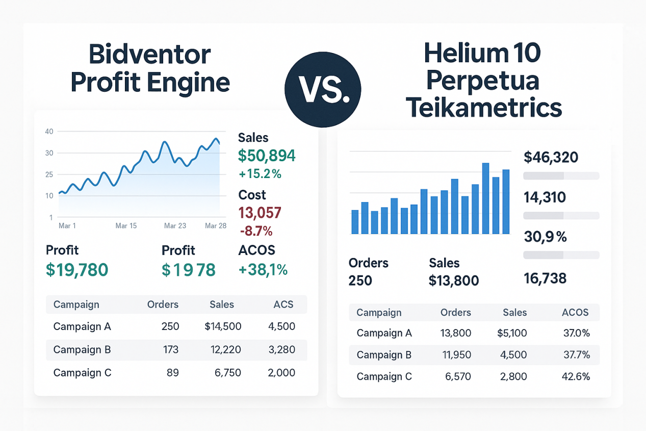 Bidventor Profit Engine vs Helium 10 Perpetua Teikametrics Amazon PPC optimization comparison dashboard